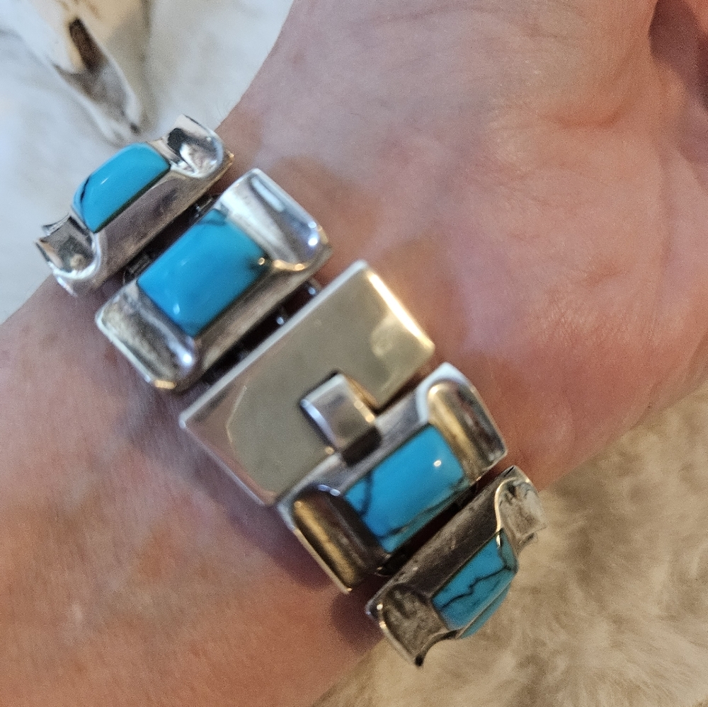 ReservedšAmazing 950 Silver Taxco Turquoise (Block) Panel Bracelet - Picture 6 of 8